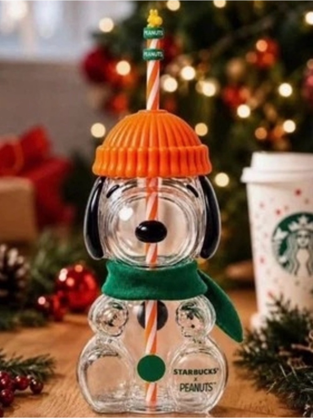 Starbucks Snoopy Glass Bottle with Orange Beanie and Green Scarf